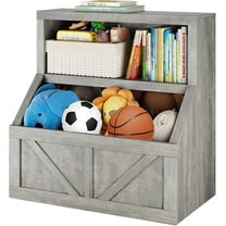 Kids Bookshelf and Toy Storage Organizer,2-Tier Toddler Bookcase with Storage Cabinet for Playroom Bedroom Living Room Classroom, Grey