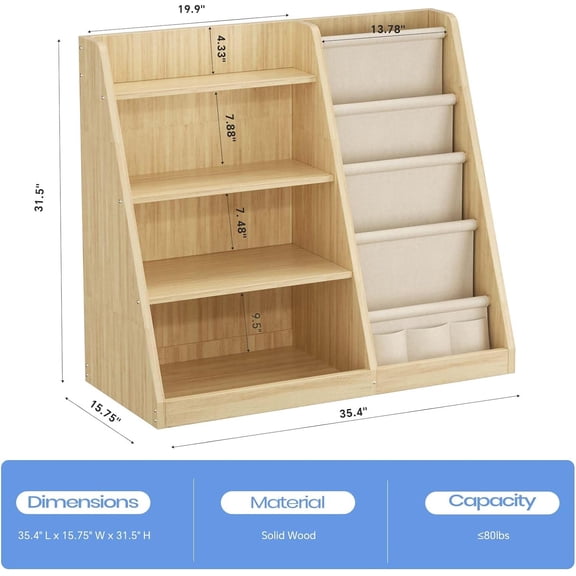 Kids Bookshelf and Toy Storage Organizer, 4 Tier Wooden Kids Book Shelf with Sling Book Rack for Kids Room Playroom Nursery