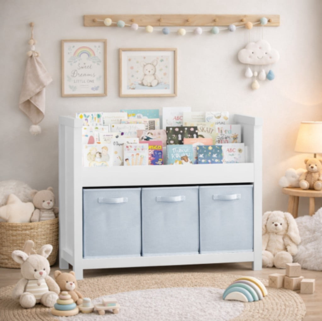 Kids Bookshelf with 3 Tier Front-Facing Storage & 3 Fabric Bins, Wooden Toddler Bookcase and Toy Organizer for Playroom, Nursery, Bedroom & Classroom