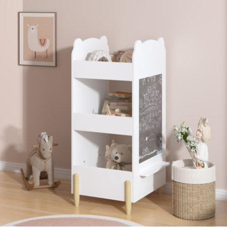 Kids Bookshelf with Chalkboard Side, Bear-Shaped Wooden Bookcase with 3-Tier Open Storage, Drawing Board & Toy Organizer for Toddler Bedroom, White