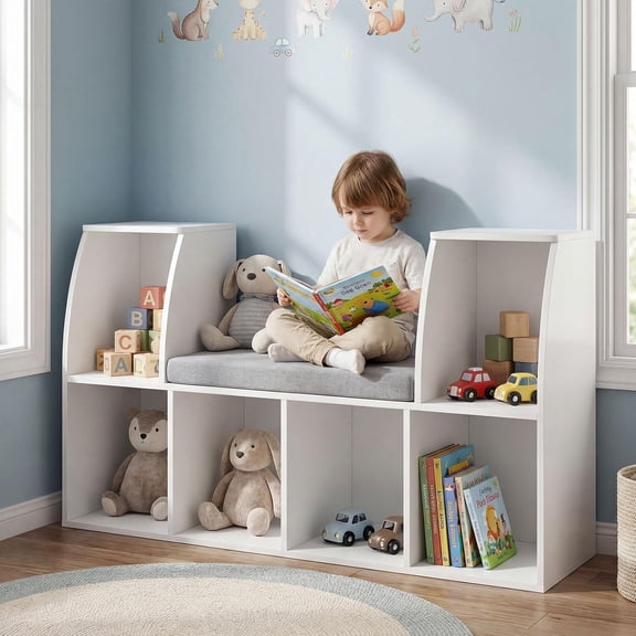 Kids Bookshelf with Reading Nook, 40 Inch Toy Storage Organizer with 6 Cubbies & Removable Cushion for Kids Room