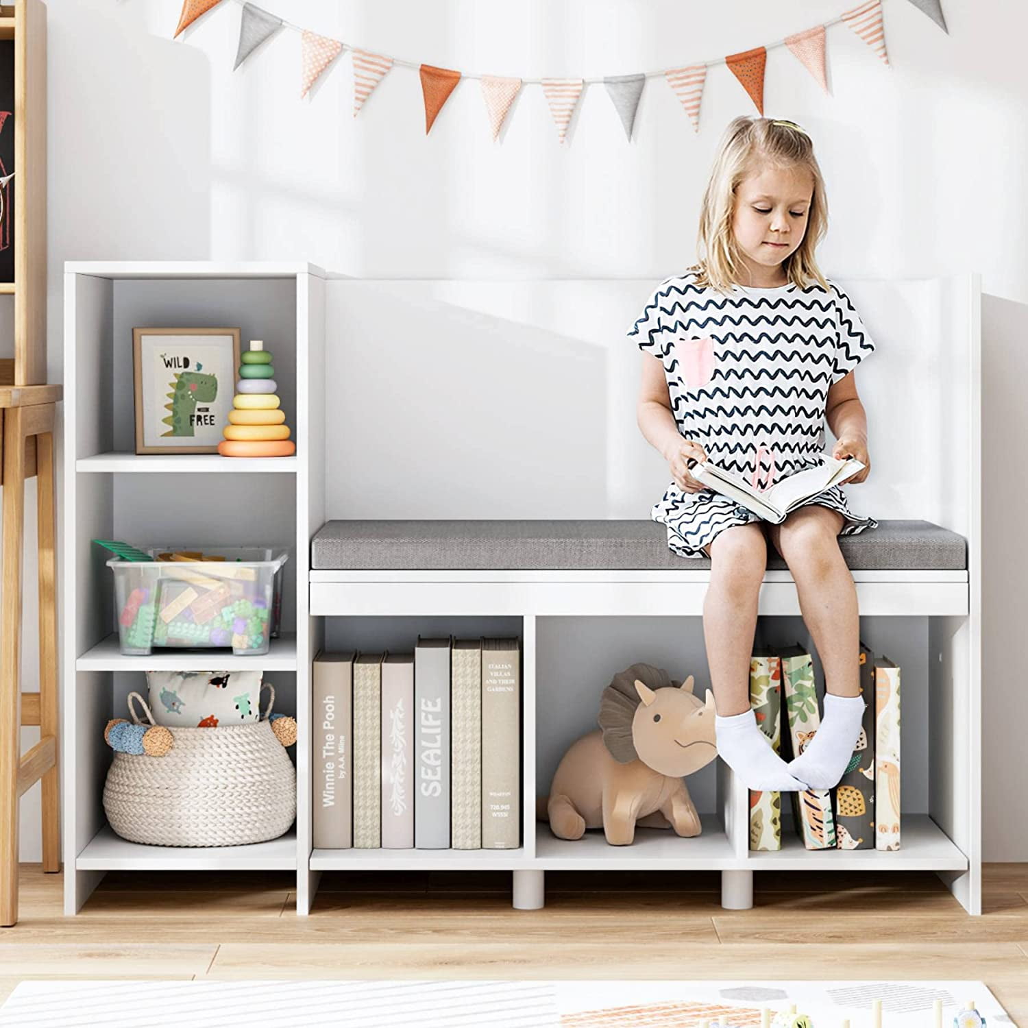 Kids Bookshelf with Reading Nook, 6Cubby Bookcase with Removable Seat