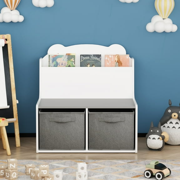 Kids Bookshelf with Reading Nook, Toy Storage Organizer with Bench and Storage Bins for Playroom, Classroom, Nursery, School, Kindergarten