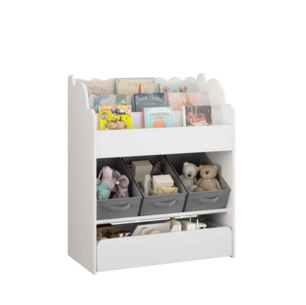 Kids Bookshelf with Storage Bins & Drawer, Wooden Book Organizer with 3 Fabric Bins, Front-Facing Bookcase & Toy Storage for Toddler Nursery, White
