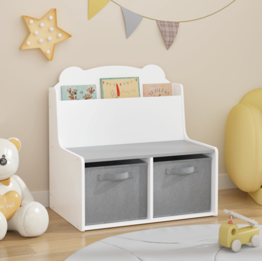 Kids Bookshelf with Storage Bins, Wooden Bookcase with Front-Facing Book Display & 2 Removable Fabric Bins, Bear-Shaped Backboard, White & Gray