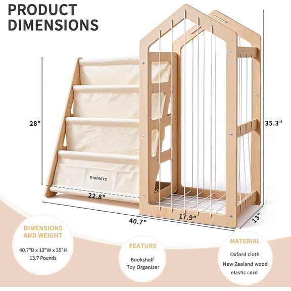 Kids Bookshelf with Toy Storage Organizer, 4-Tier Fabric Sling Shelf for Bedroom Playroom