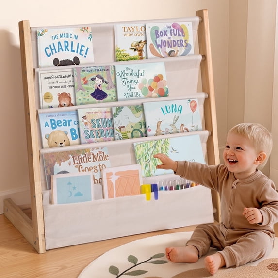 Kids Bookshelf, Caveen 4 Tier Wooden Kids Bookcase, Canvas Bookshelf for Kids for Playroom, Bedroom, Beige
