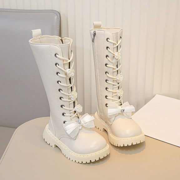 Kids Boots,Children Outdoor Boots Autumn Style for Girls Flat Thick PU Comfortable Shoes,Black Suede Boots,07 Beige,10.5-11 Years