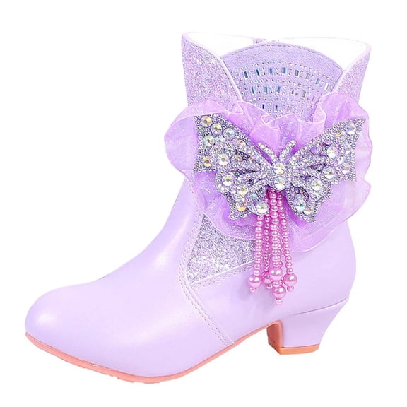 Kids Boots Elegant Girls Winter Mid Calf Boots Patchwork Design Warm Lined Lace Closure Stylish Cold Weather Footwear for Toddler Youth Girls Winter Boots Purple 5.5 Years-6 Years