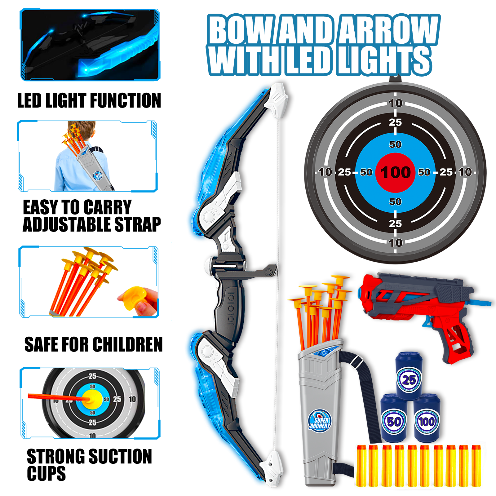 SainSmart Jr. Kids Bow and Arrows, Light Up Archery Set for Kids Outdoor Hunting Game with 5