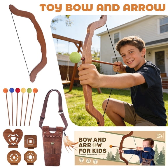 Kids Bow and Arrow Set | Wooden Archery Toy for Boys & Girls Aged 3-7, Bow and Arrow for Kids | Includes 6 Arrows, 4 Targets, Cotton Quiver | Indoor & Outdoor Play