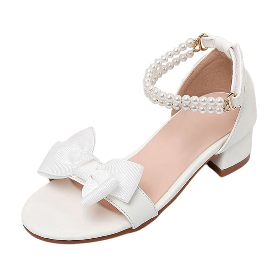 Kids Bow & Pearl Heeled Sandals, Girls' Summer Open-Toe Shoes, Wedding Party Dance Sandals for Toddler Girls