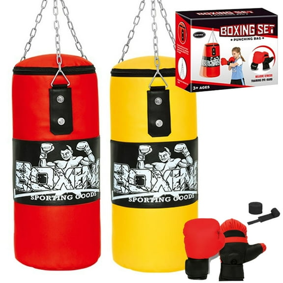 Kids Boxing Punching Bag Set - 2ft Leather Heavy Boxing Bag with Gloves & Bandage for Kids Children Youth Boxing, MMA, Home Gym & Martial Arts Training Equipment (Unfilled), Yellow