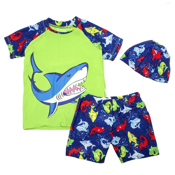 Kids Boy Cartoon Dinosaur Shark Rashguard Top & Swim Shorts with Hat 3 pcs Set (Blue Shark/Green, S/2-3 Years)