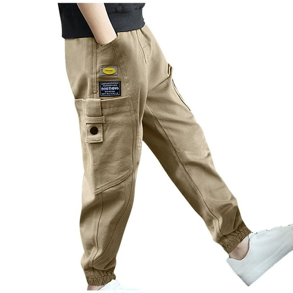 Kids Boy Casual Cargo Jogger Pants, Cotton Elastic Waist Workout Pant, School Uniform Sweatpants Trousers with Pockets Khaki 5 Years
