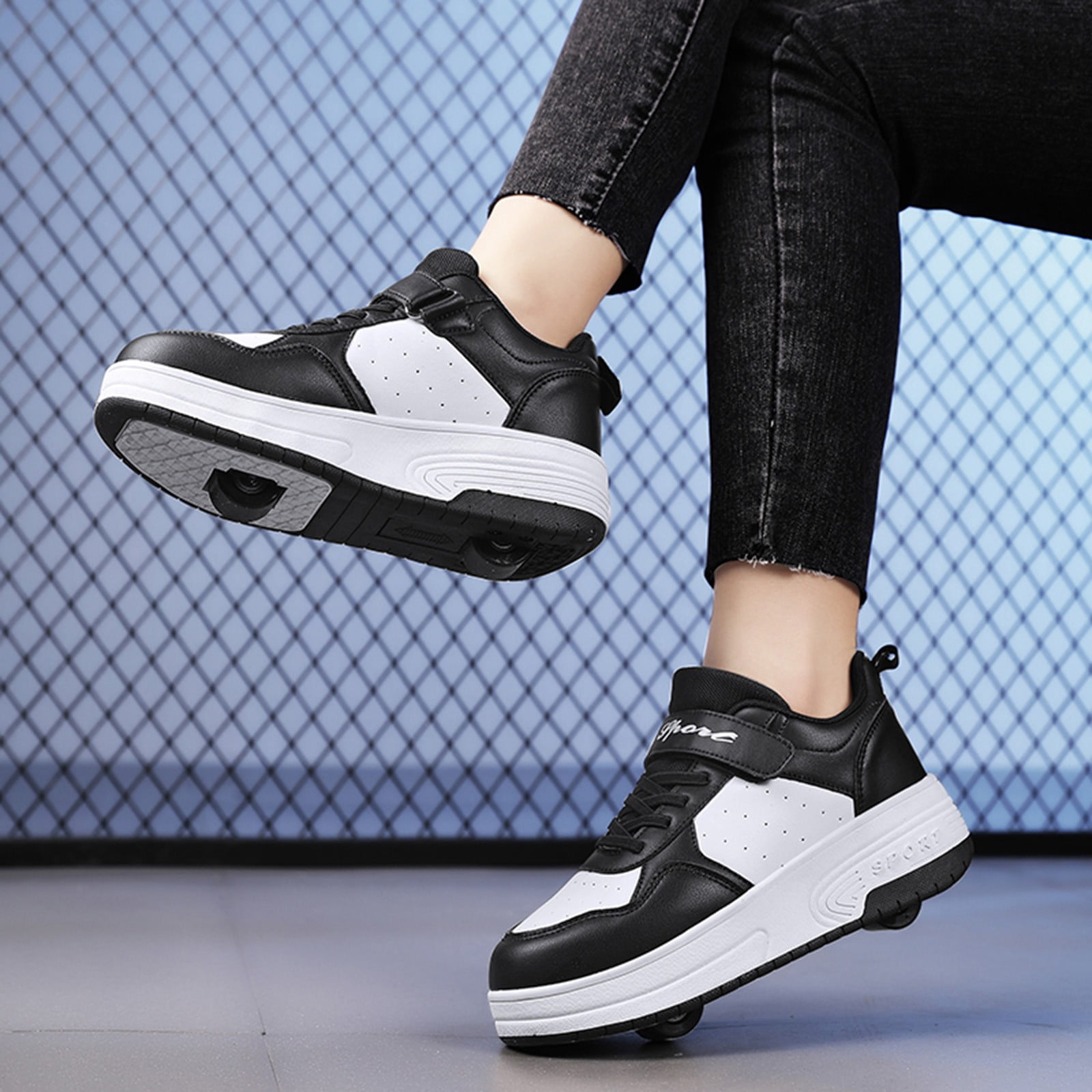 Kids Boy Girl Fashionable Soles with Wheels Automatic Skating Sneakers Children Shoes Thick Soled Sneakers,Color Black,Size 7-8Years