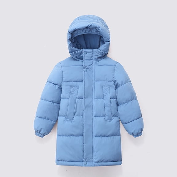 Kids Boy Girl Puffer Jacket Coat Hood Mid Length Light Weight Warm Insulated Padded Classic Solid Winter Outwear Blue 110