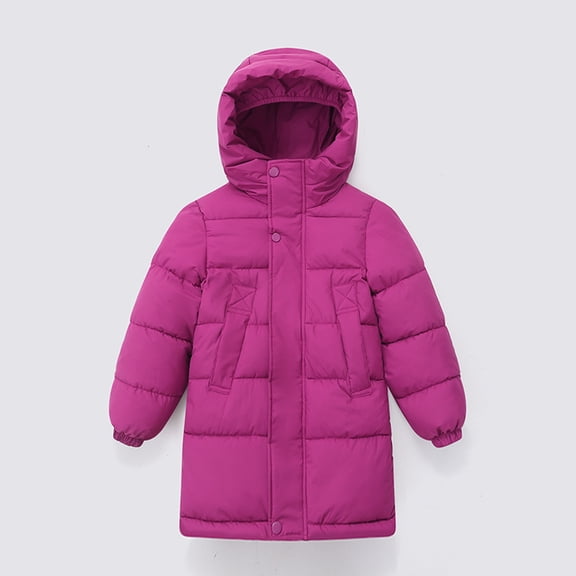 Kids Boy Girl Puffer Jacket Coat Hood Mid Length Light Weight Warm Insulated Padded Classic Solid Winter Outwear Hot Pink 110