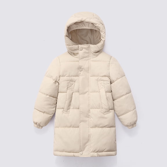 Kids Boy Girl Puffer Jacket Coat Hood Mid Length Light Weight Warm Insulated Padded Classic Solid Winter Outwear White 110