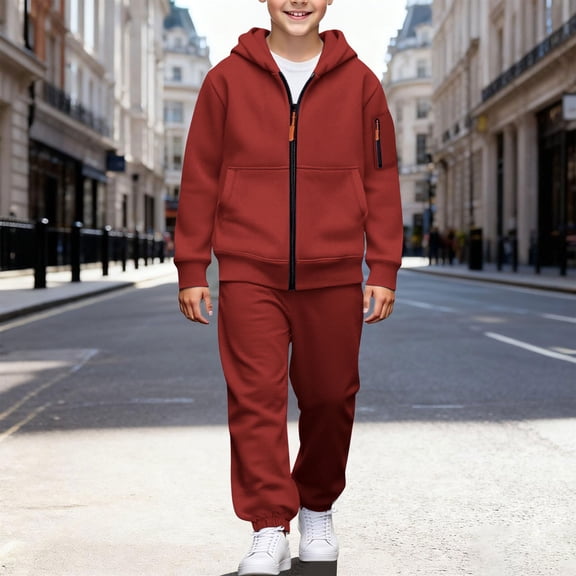 Kids Boy Girls Classic Fashion Solid Tracksuit Casual Long Sleeve Sport Hooded Coat Sweatsuit Long Pants Basic Hoodie Suit Wine 12 Years