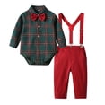 thumbnail image 1 of Kids Boy Green Holiday 3-Piece Tartan Plaid Onesie Suspender Pants Set with Bow Tie - 100% Cotton, 3-36 Months (3M-3Y),Size 2 T, 1 of 5