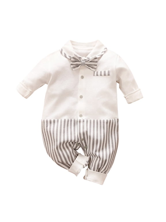 Kids Boy Outfit Classic Minimal Gentleman Long Sleeve Cotton Romper for Baby Boys Polished Trendy Dressy Outfit Beige 80
