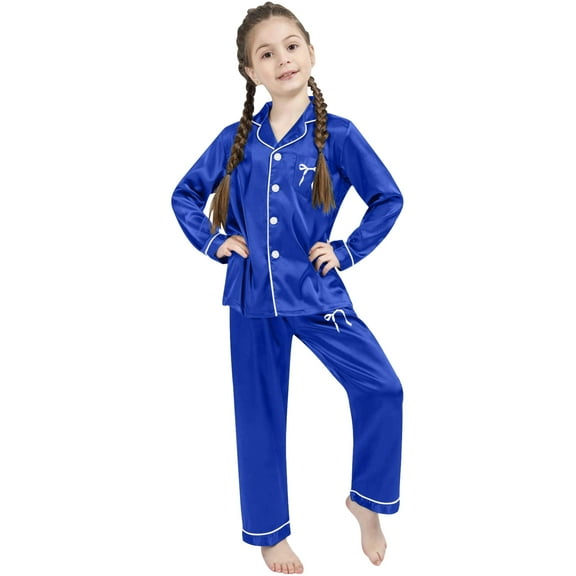 Kids Boy Satin Pajamas Set 2 Piece Bowknot Kids Button Down Pajamas Set Sleepwear Loungewear Set Trendy Clothes for Teen Girls 9-10 Years