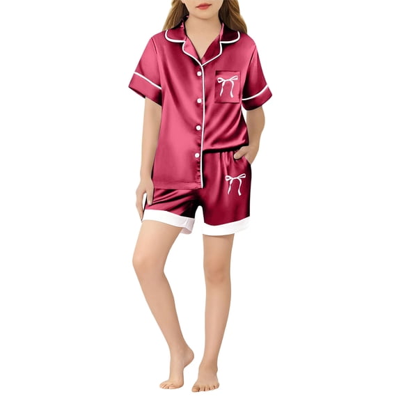 Kids Boy Silk Pajamas Set Bowknot Print Short Sleeve Button Down Top Shorts Set Silk Pajamas Outfits Clothes for Girls 10-11 years