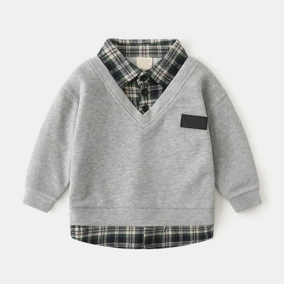 Kids Boy Sweatshirts Long Sleeve Kids Grey Sweatshirt Plaid V-Neck Loose Fit Pullover Tops Warm Fall Winter Clothes Baby Boys Clothes 6-7 Years
