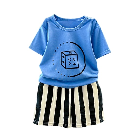 Kids & Boys 2-Piece Outfit Set: Graphic Tee with Stripe Shorts, Blue Polyester Play Clothes, Elastic Waist, Sizes 2T-10,Size 1-2 T
