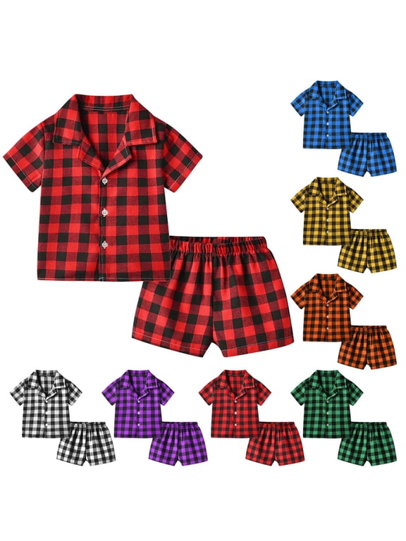Kids Boys 2‑Piece Pajama Set, Lapel Button‑Up Short Sleeve Shirt with Buffalo Plaid and Matching Shorts, Soft Outfit for Casual Home | TruHer,Blue 70