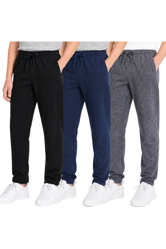 Kids Boys Sweatpants 3 Pack Workout Athletic Jogger Pants with Drawstring and Side Pockets Black Navy Gray 8-9Y