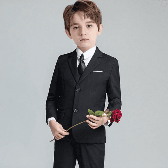 Kids Boys 5 Pieces Gentleman Suits Slim Fit Formal Wedding Party Suits Performance Dress Suit Black 7Years