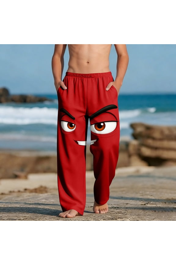 Kids Boys Angry Smile Face Graphic Pants Stretchy Waist Novelty Trousers for Outdoor Active Play, 4-13Y