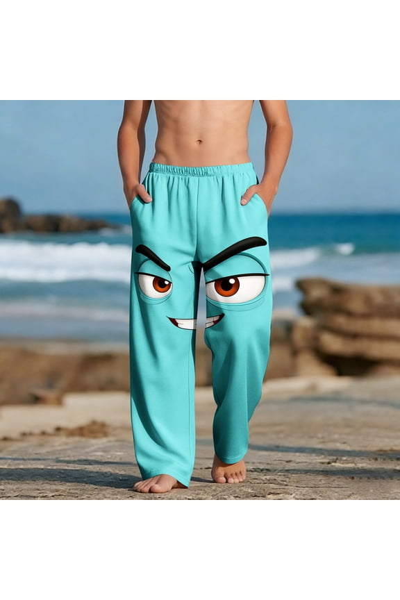 Kids Boys Angry Smile Face Graphic Pants Stretchy Waist Novelty Trousers for Outdoor Active Play, 4-13Y