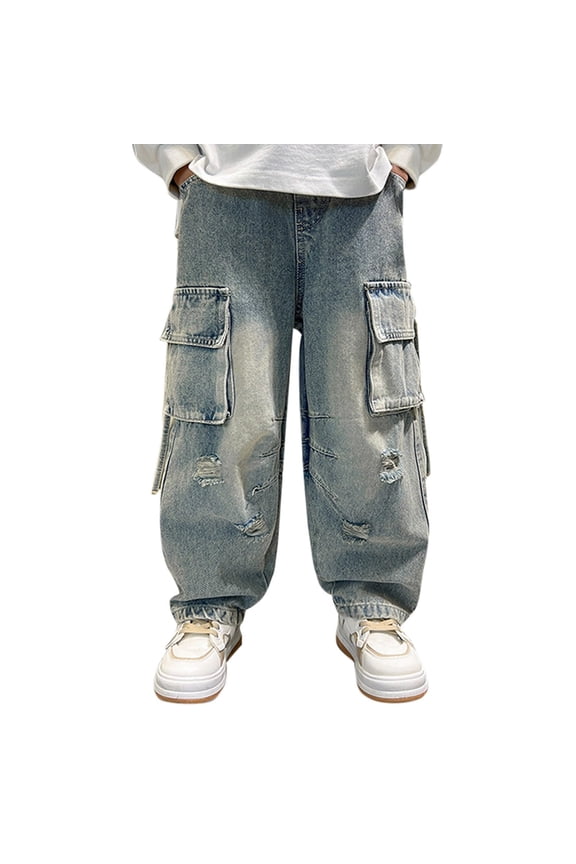Kids Boys Baggy Denim Pants Light Blue Boys Ripped Jeans Adjustable Waist Wide Leg Pants Stretch Denim Pants Casual Boys Wear 4-5 Years
