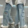thumbnail image 1 of Kids Boys Baggy Jeans Cargo Joggers Elastic Waist Straight with Pocket Loose Fit Casual Boy Clothes 9-10 Years, 1 of 7