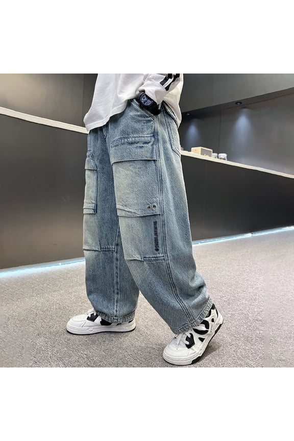 Kids Boys Baggy Jeans Baggy Cargo Pants High Elastic Waisted Straight with Pocket Classic Fit Casual 4-5 Years Boy Clothes