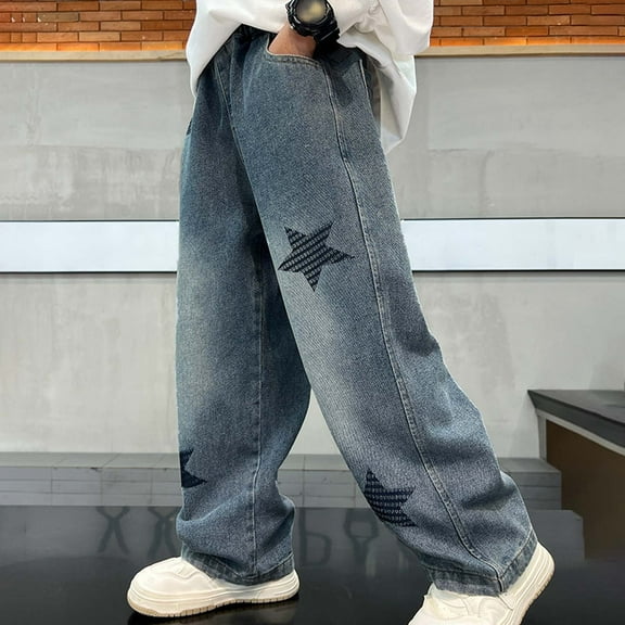 Kids Boys Baggy Jeans Cargo Joggers High Waisted Wide Leg with Pocket Classic Fit Pull-On Boys Toddler Clothes 8-9 Years