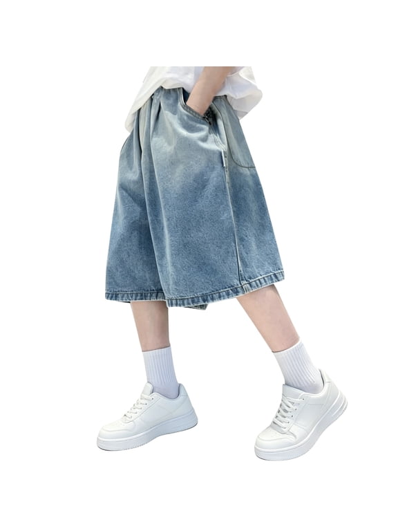 Kids Boys Baggy Jorts Jean Shorts Youth Straight Leg Denim Shorts Pockets Tween Preppy Thin Casual Bottoms Summer Half Pants