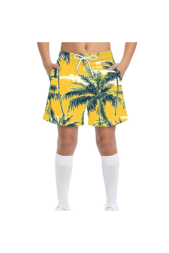 Kids Boys Beach Shorts Drawstring Elastic Waist Palm Tree Tropical Print Swim Trunks for Summer Vacation Holiday, 4T-15Y