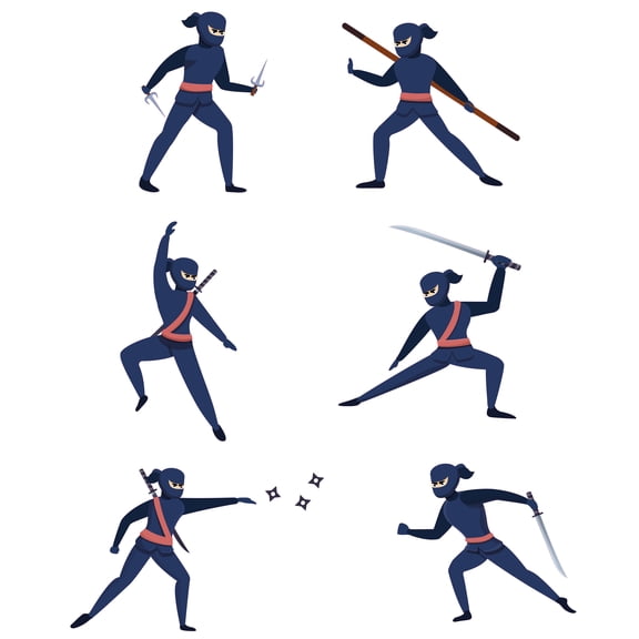 Kids Boys Bedroom 20" x 24" Cartoon Ninja Warriors Art Multicolored Wall Decoration Shinobi Assassins With Different Weapons Design Removable Vinyl Wall Decal Sticker