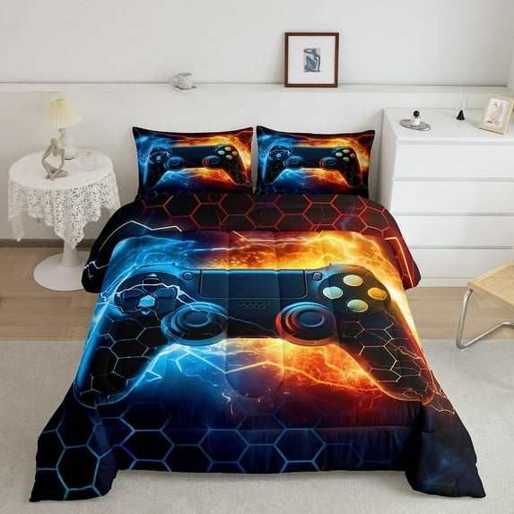 Blue Red Gamer Comforter Set Full Size,Honeycomb Gaming Comforter for Lightning Gamepad Bedding Set Game Room Decor Duvet Set Room Decor Quilt Set Bedding Collection