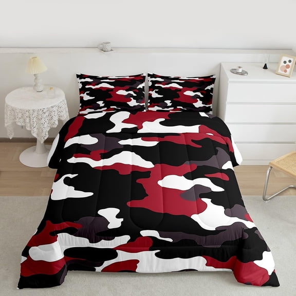 Kids Boys Camo Comforter Set, Army Camouflage Down Comforter For Teens Youth Adult Black White Militarily Bedding Set Abstract Art Colorful Quilted Duvet With 1 Pillowcase 2Pcs Bedding Twin, Red