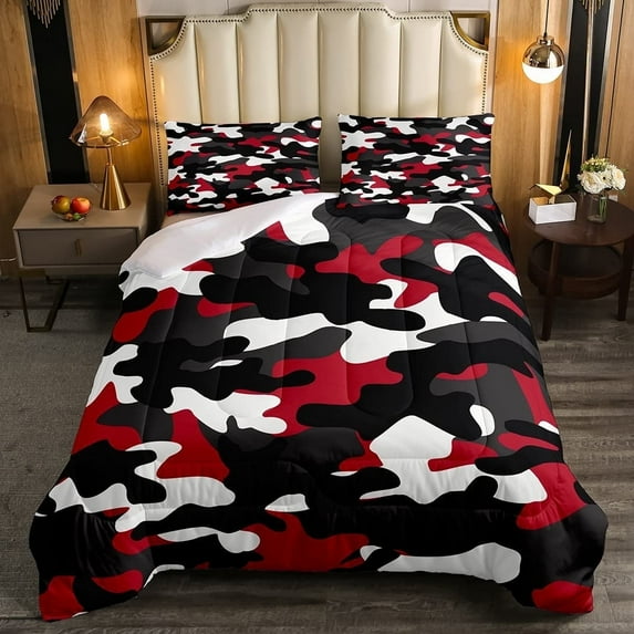 Camo Comforter Set,Army Camouflage Down Comforter For Teens Youth Adult Black White Militarily Bedding Set Abstract Art Colorful Quilted Duvet With 2 Pillowcases 3Pcs Bedding Full,Red
