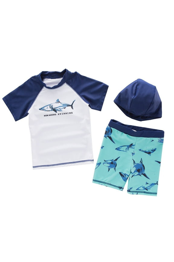 Kids Boys Cartoon Animals Printed Rash Guard with Hat 3pcs Swimsuit Pool Party Swimwear Beach Bathing Suit (6)