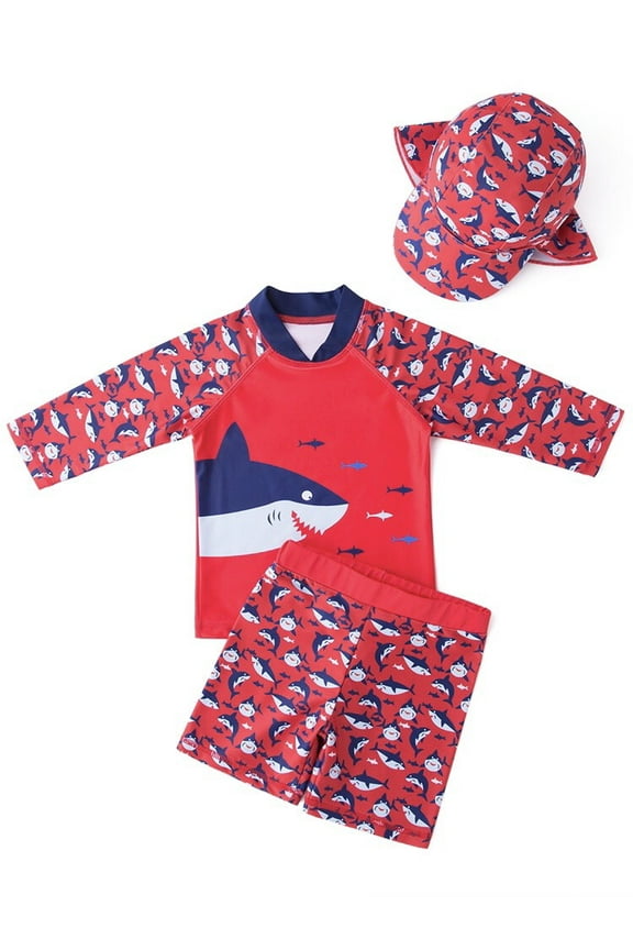 Kids Boys Cartoon Animals Printed Rash Guard with Hat 3pcs Swimsuit Pool Party Swimwear Beach Bathing Suit (7)