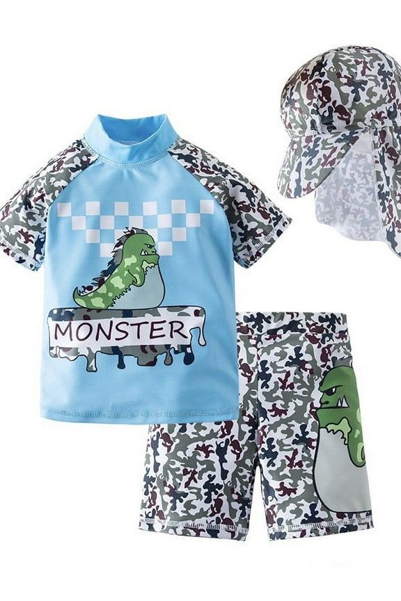 Kids Boys Cartoon Animals Printed Rash Guard with Hat 3pcs Swimsuit Pool Party Swimwear Beach Bathing Suit (Camo Monster, 3)