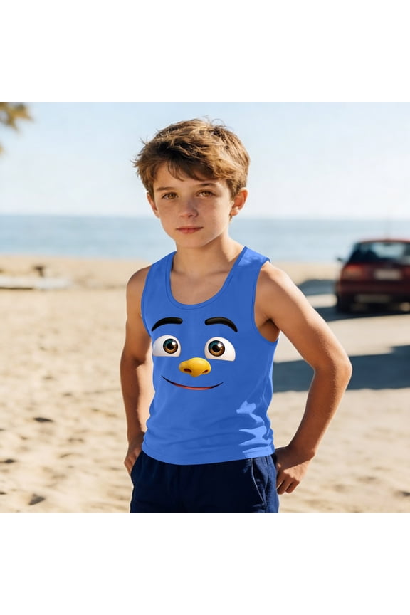 Kids Boys Cartoon Face Tank Top, Blue Graphic Sleeveless Shirt for Summer, Playful Casual Tee for Boys Kids,Size 14 T