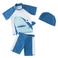 thumbnail image 1 of Kids Boys Chic Cartoon Animals Printed Rash Guard with Hat 3pcs Swimsuit Pool Party Swimwear Beach Bathing Suit (Blue Shark, 7), 1 of 2
